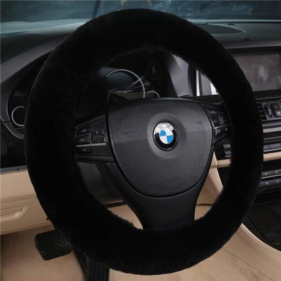 Fluffy Wool Sheepskin Fuzzy Black Car Steering Wheel Cover for Universal Auto - Picture 2 of 7